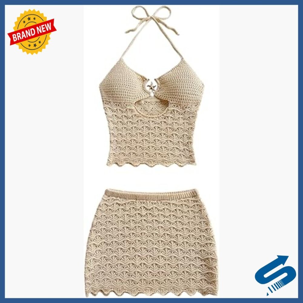Crochet Cut Out Halter Crop Top and Mini Skirt Set, 2 Piece Beach Outfit